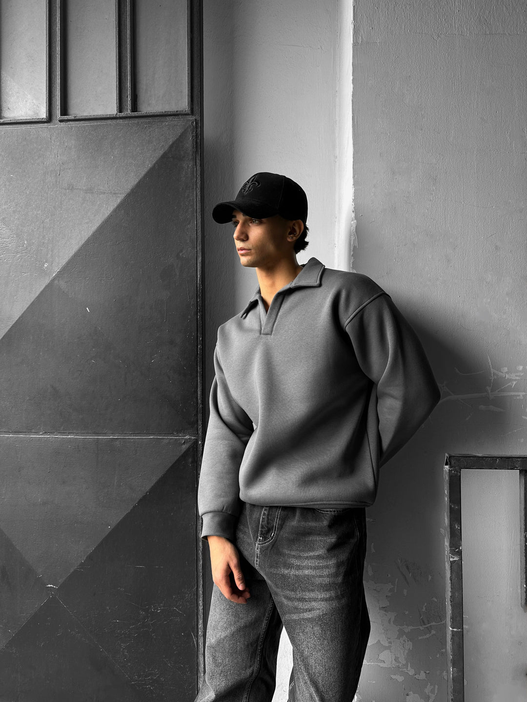 Oversize Basic Polo Sweatshirt - Anthracite