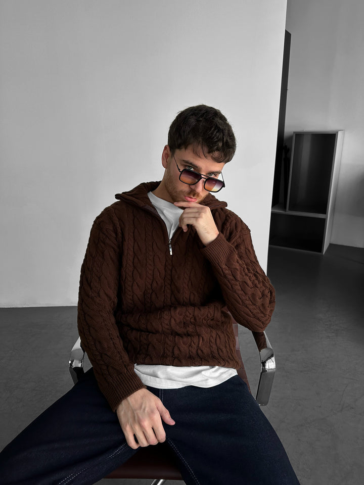 Oversize Collar Braid Zipper Pullover - Dark Brown