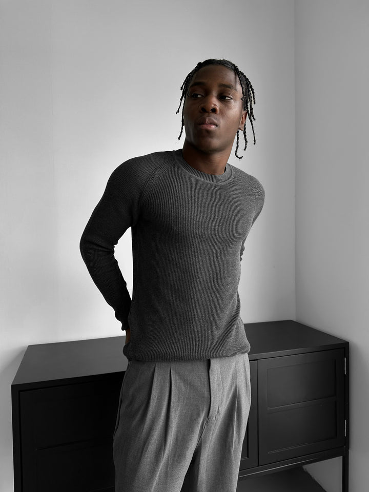 Slim Fit Thin Knit Sweater - Anthracite