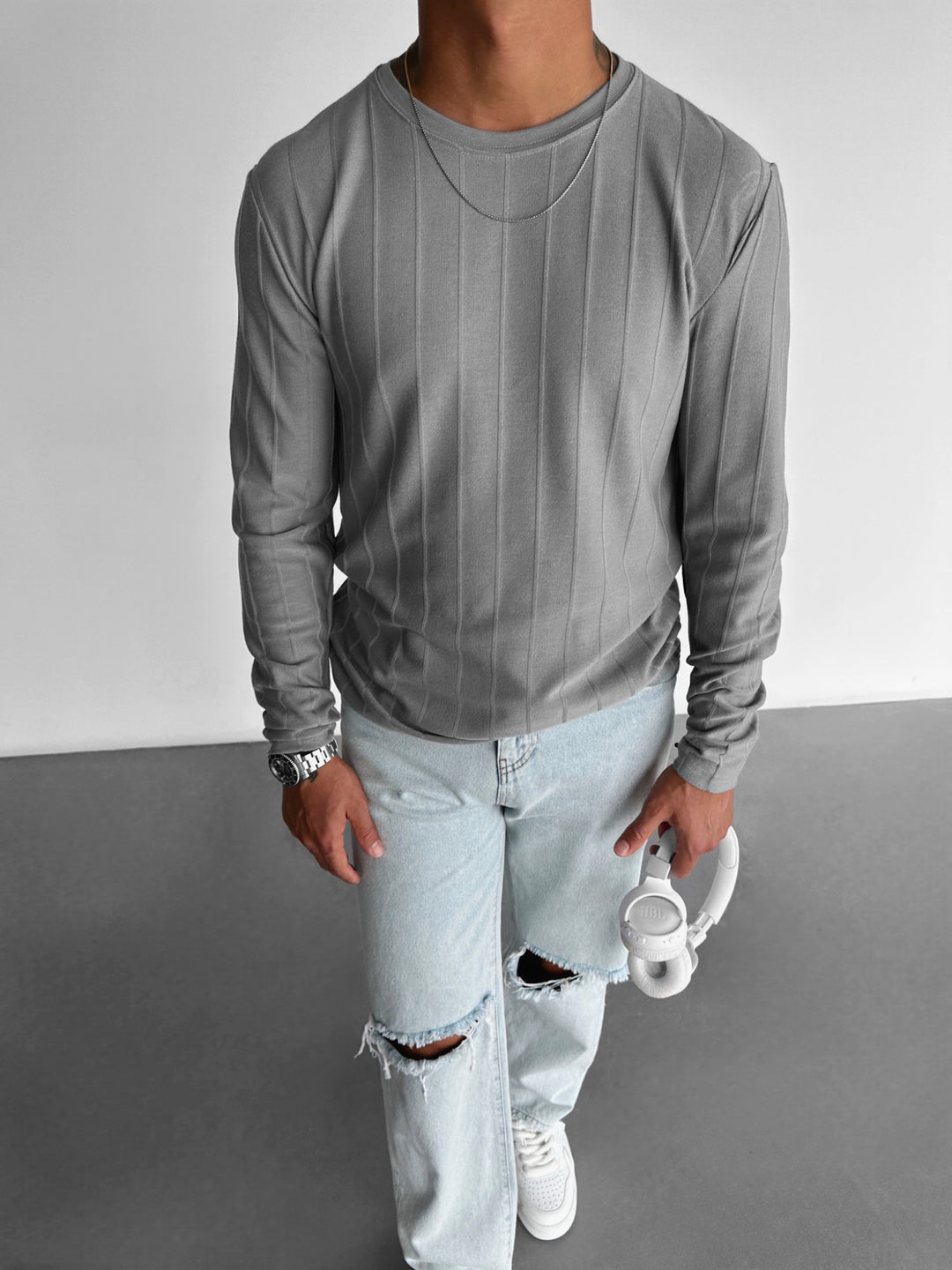 Regular Strip Sweater - Grey