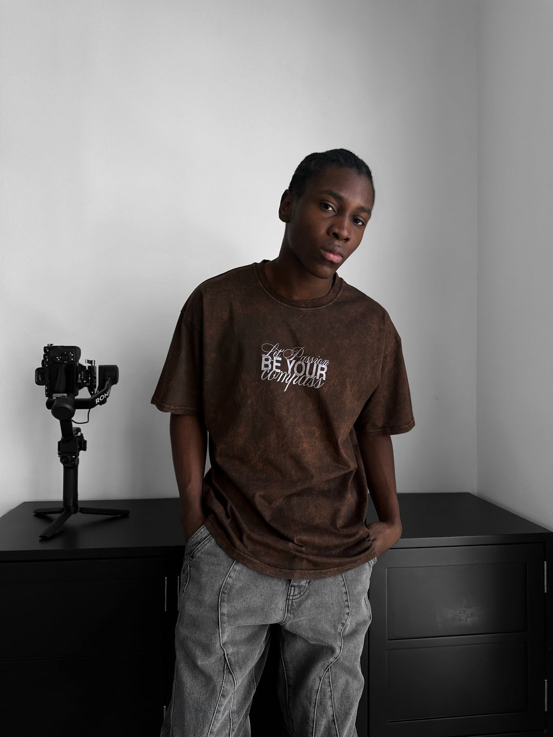 Oversize Washed 'Be your Soul Shine' T-Shirt - Brown