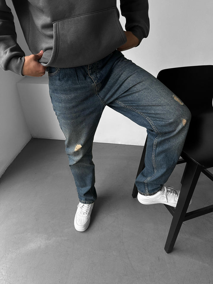 Baggy Torn Washed Jeans - Dark Blue