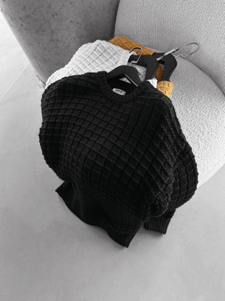 Oversize Grid Knit Sweater - Black