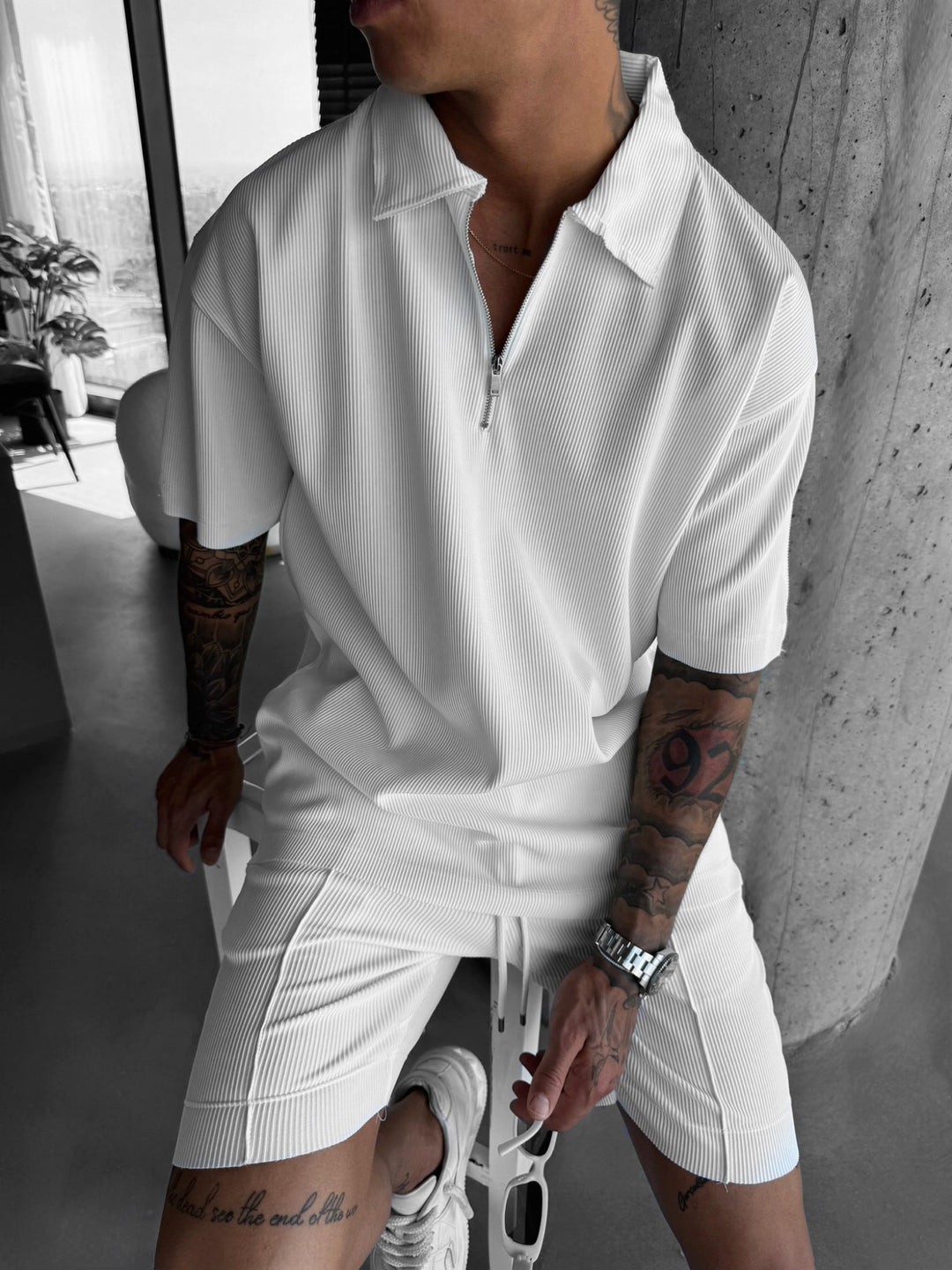 Oversize Textured Zipper Polo T-Shirt - White