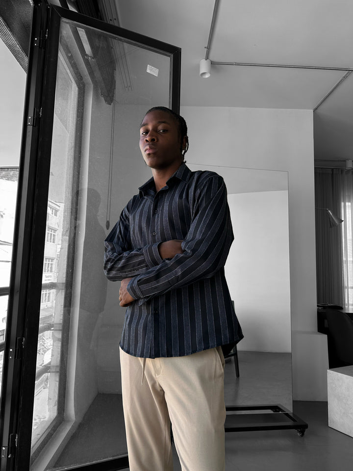 Thick Striped Winter Shirt - Navy Blue