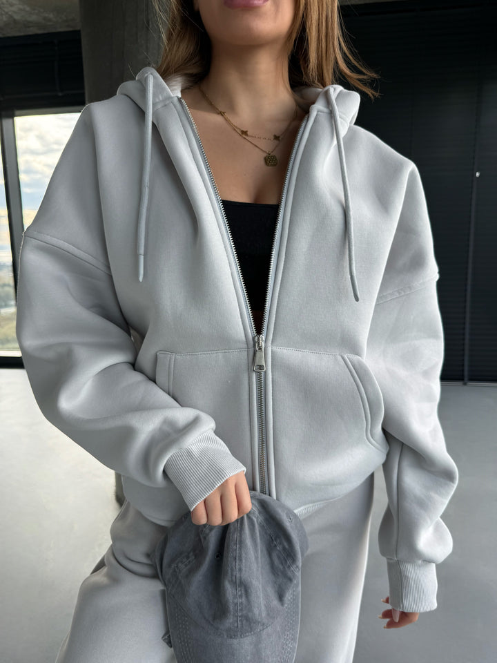 Basic Women Zipper Hoodie - Grey