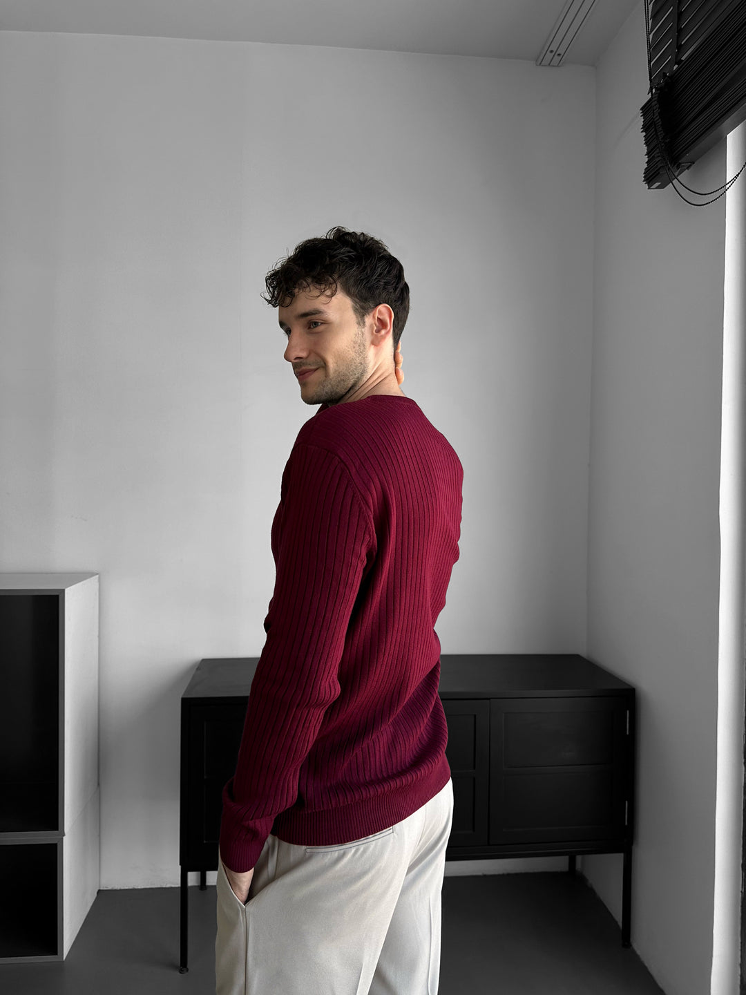 Slim Fit Button Knit Sweater - Bordeaux