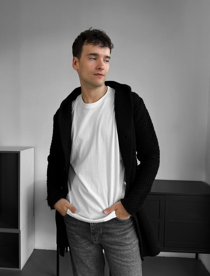 Loose Fit Button Textured Cardigan - Black