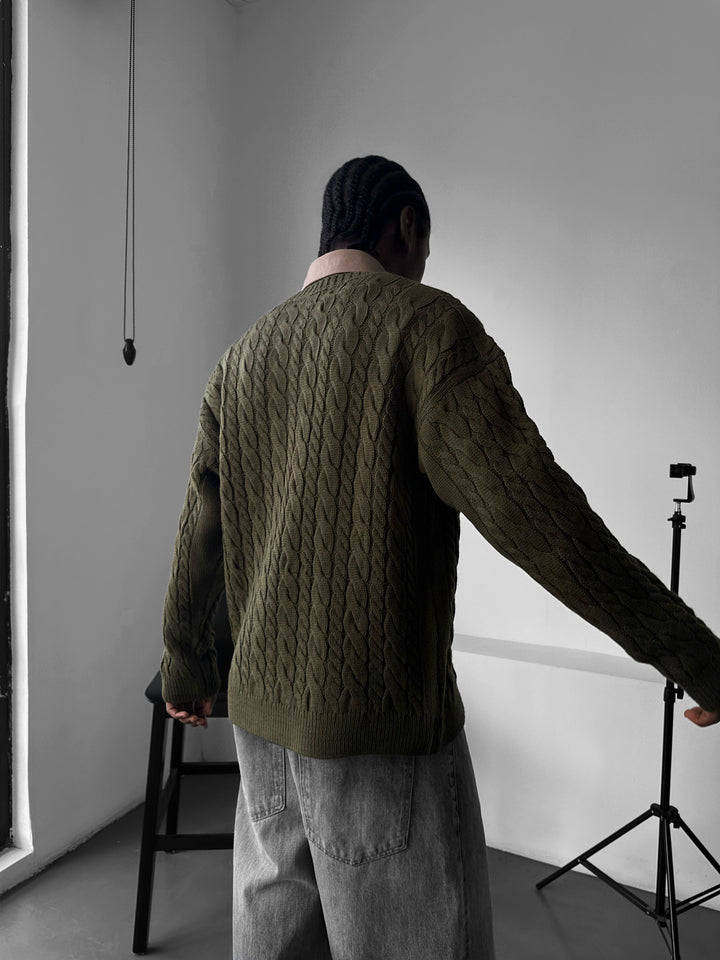 Oversize Knit Braid Sweater - Khaki