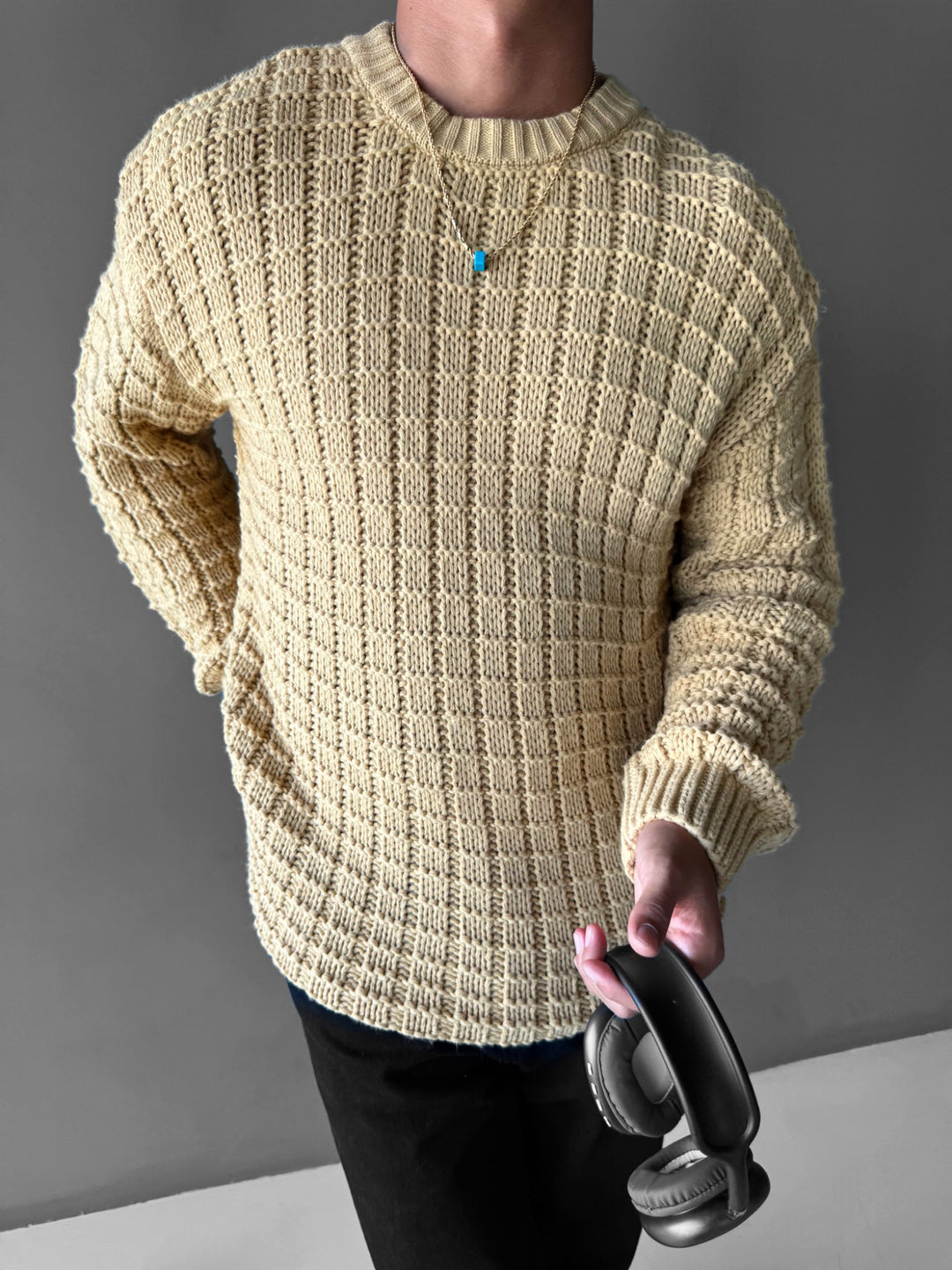 Oversize Grid Knit Sweater - Stone