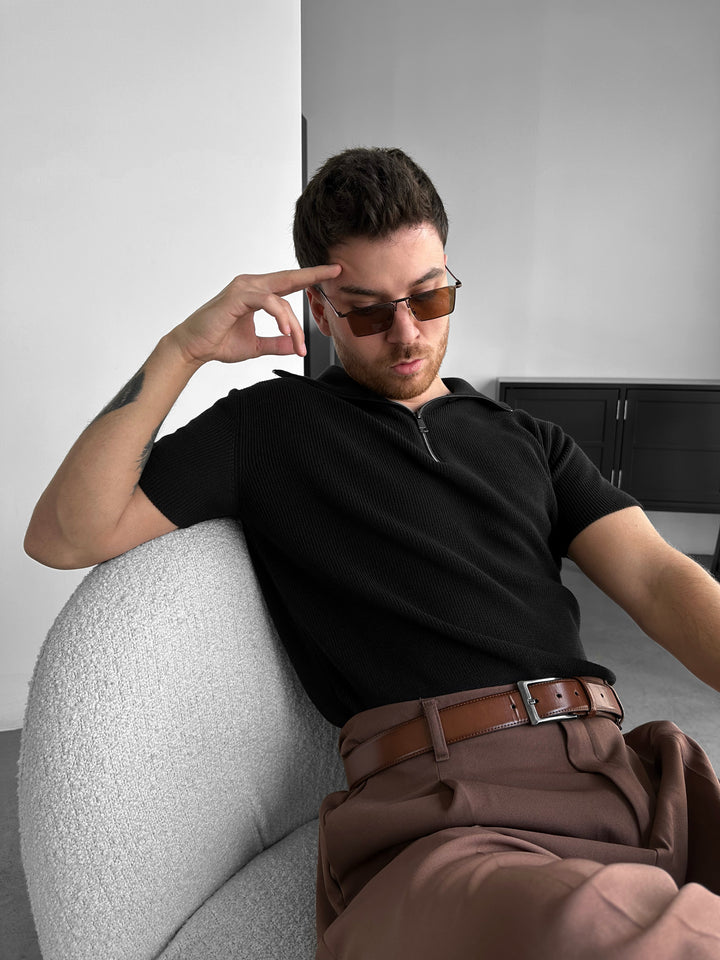 Oversize Zip Neck Knit T-shirt - Black