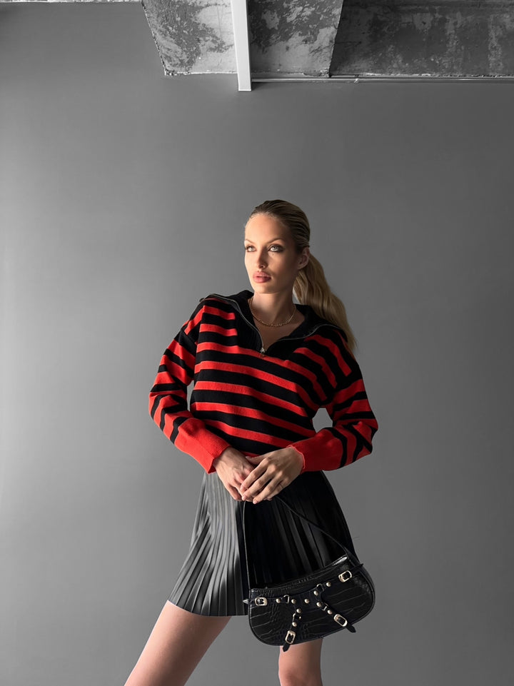 Textured Zipper Sweater - Red