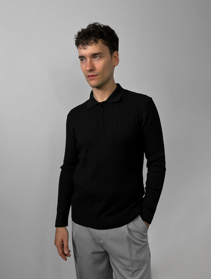 Slim Fit Textured Polo Knit Sweater - Black