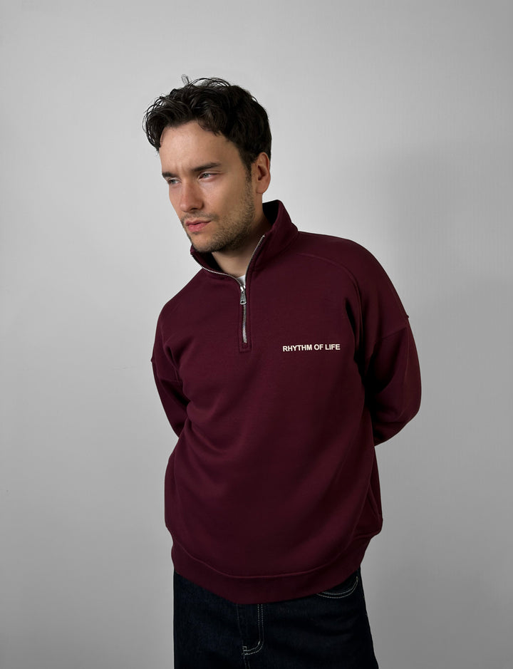 Oversize Half-Zip Motto Sweatshirt - Bordeaux