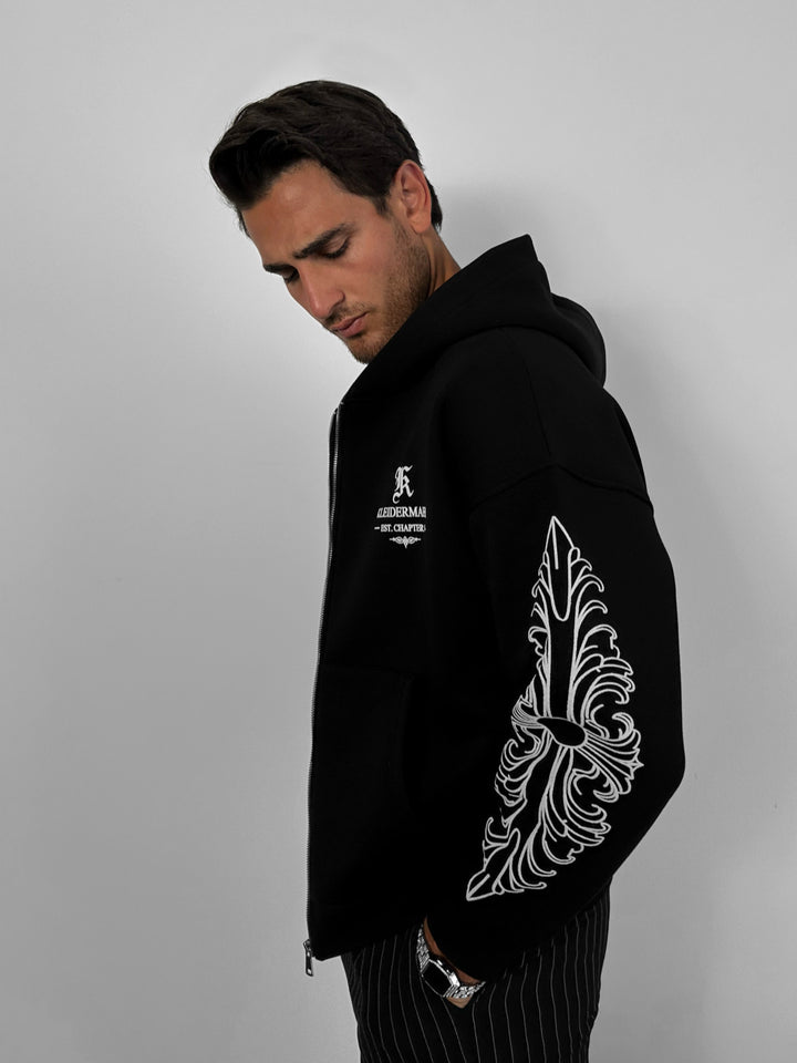 Oversize Motif Zipper Hoodie - Black