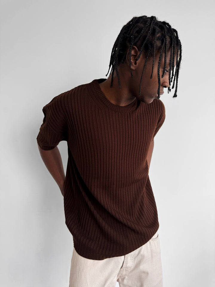 Loose Fit Ribbed Knit T-Shirt - Dark Brown