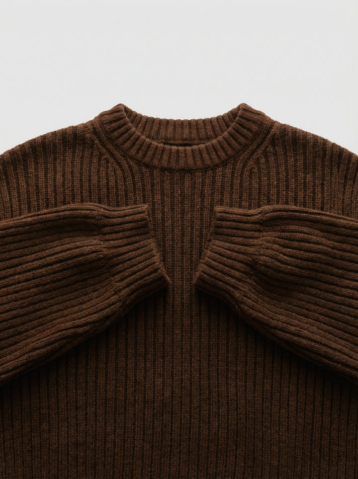 Loose Fit Striped Structure Pullover - Dark Brown