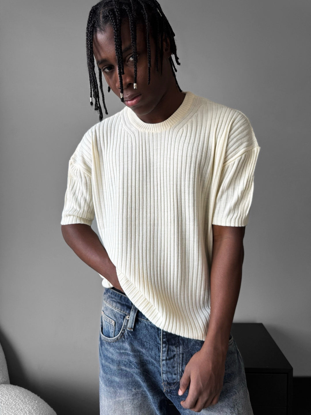 Loose Fit Ribbed Knit T-Shirt - Cremé