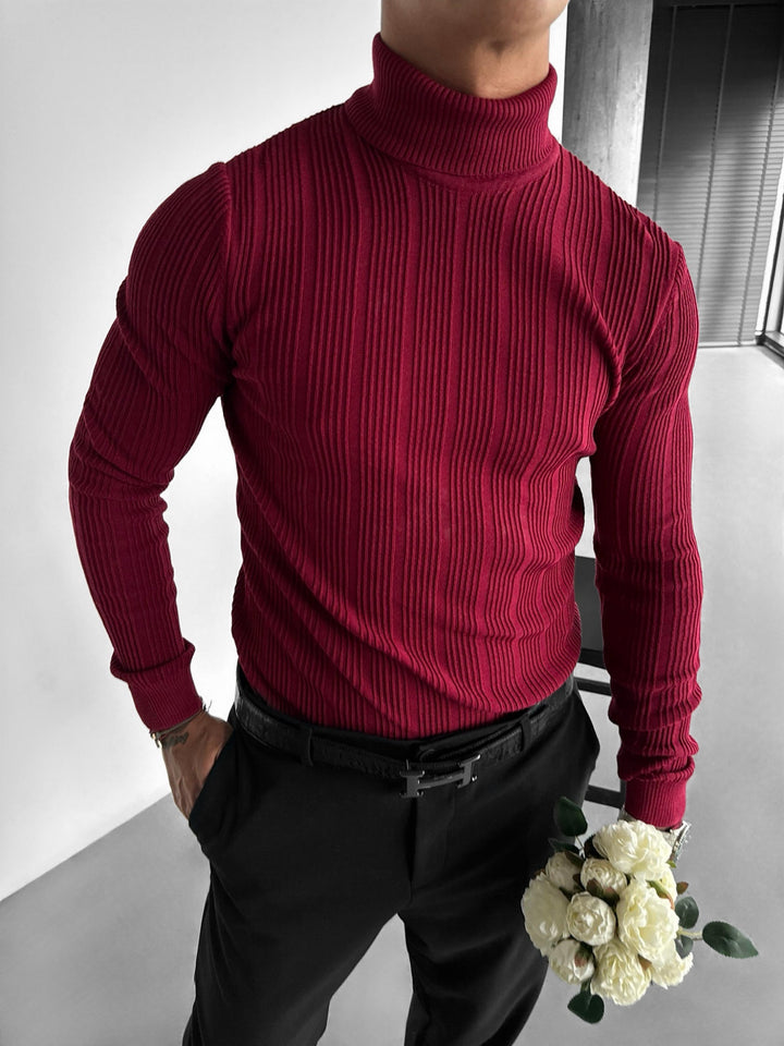 High Neck Striped Pullover - Bordeaux