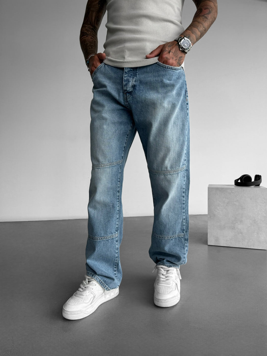 Baggy Seam Washed Jeans - Blue