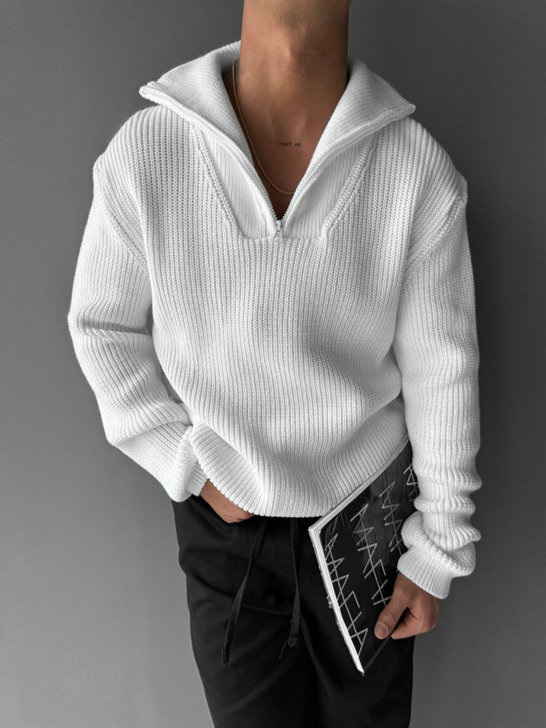 Oversize Collar Zipper Knit Sweater - White