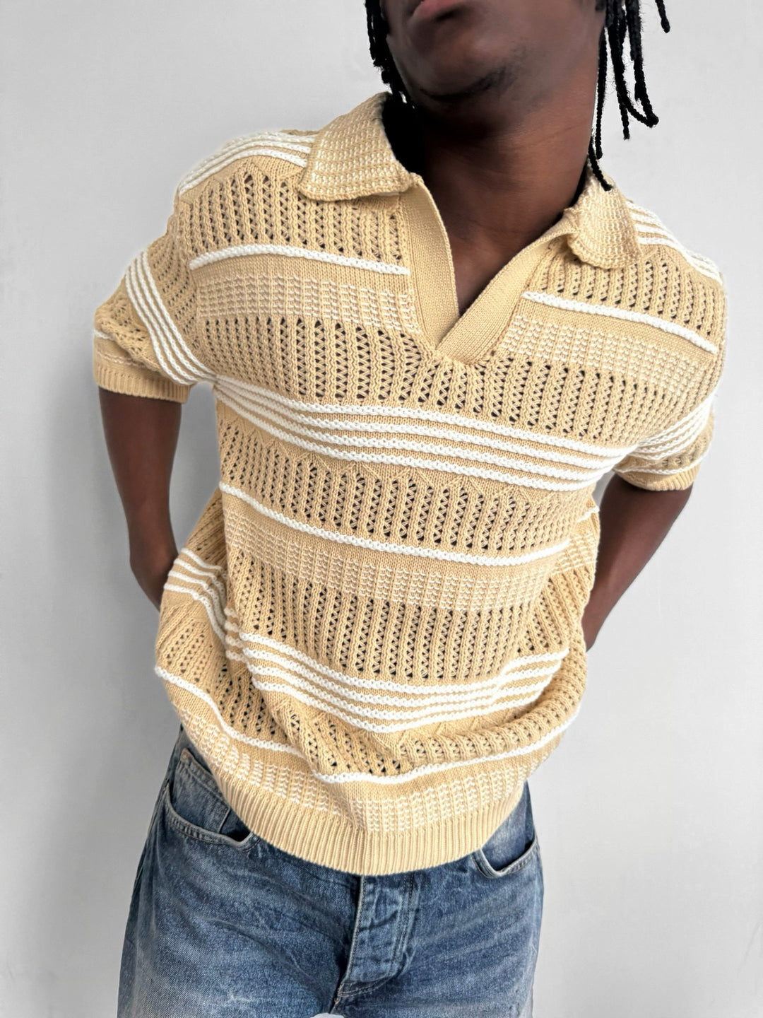 Loose Fit Patterned collar knit T-Shirt - Beige