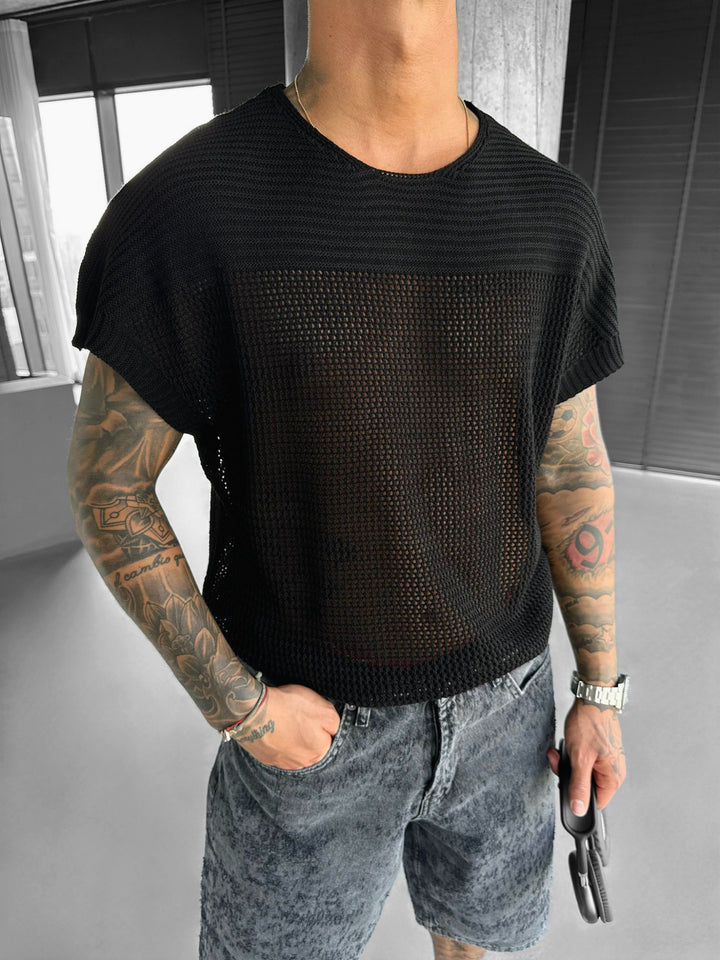 Oversize Textured Knit T-shirt - Black