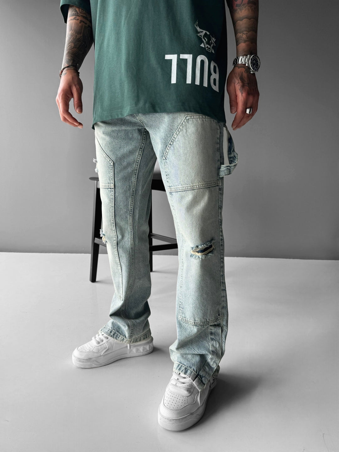 Baggy Torn Patch Jeans - Blue