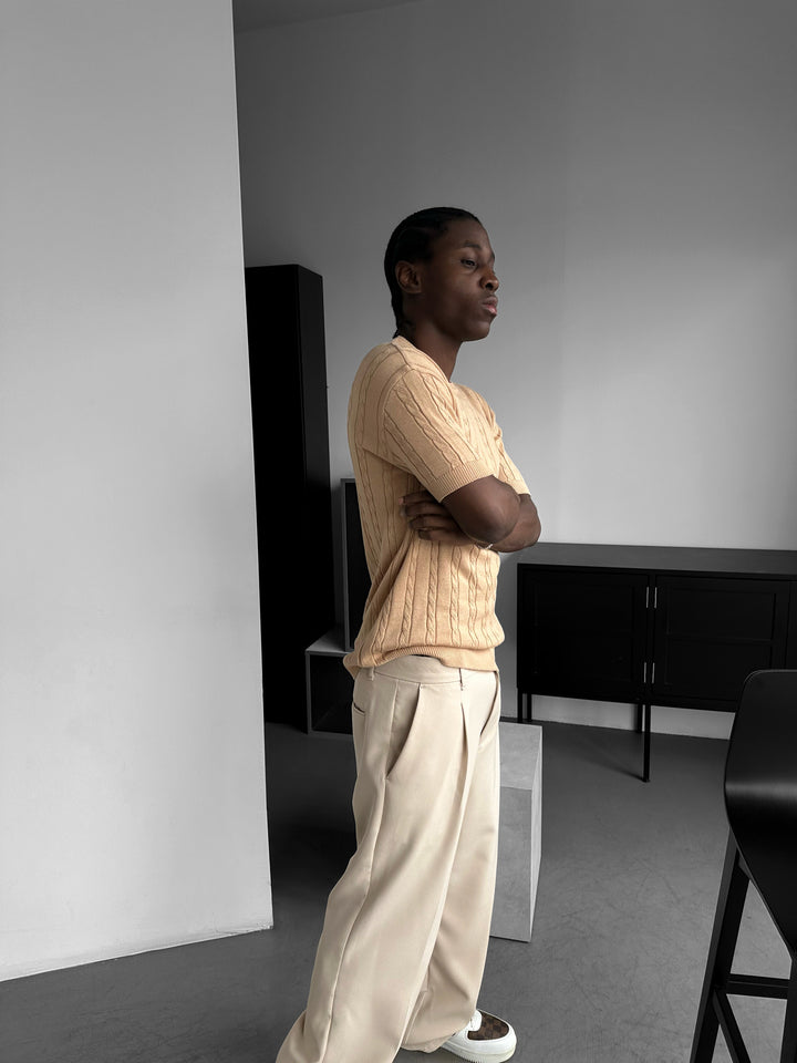 Loose Fit Braid Knit T-Shirt - Camel