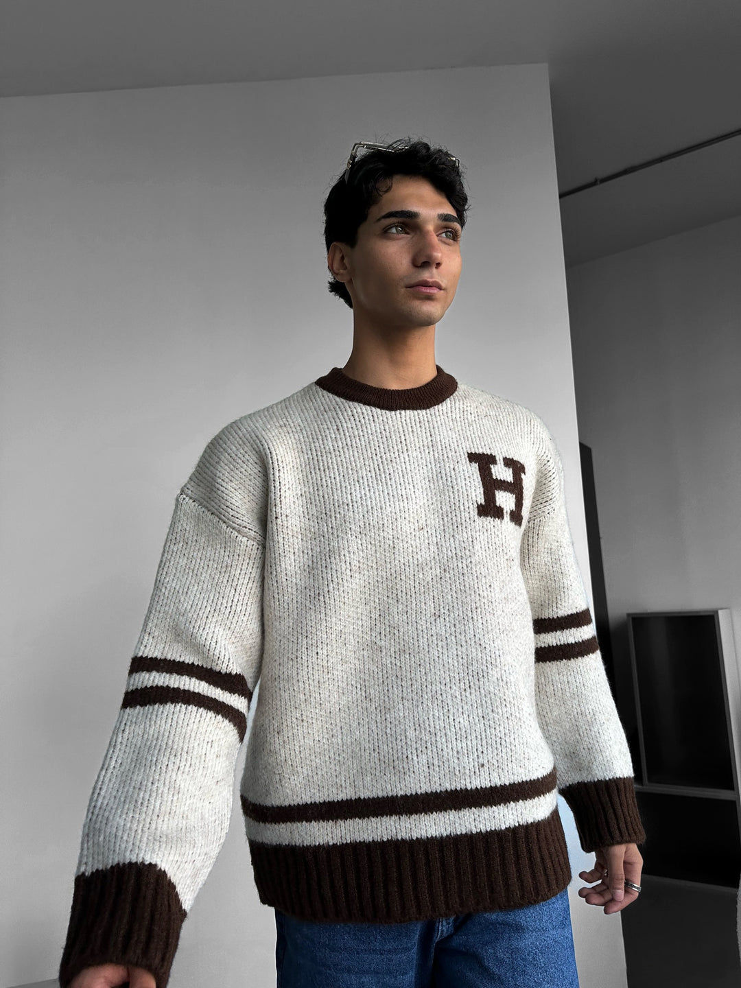 Oversize Knit Letter Sweater - Beige