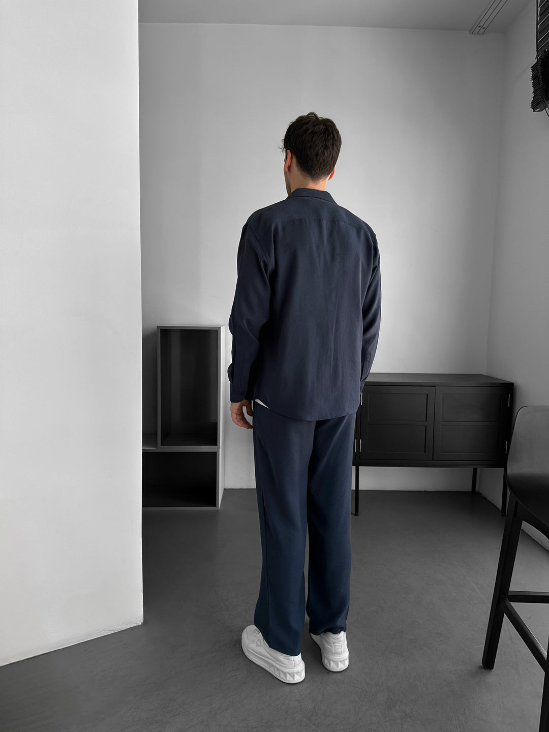 Loose Fit Cotton Trousers - Navy Blue