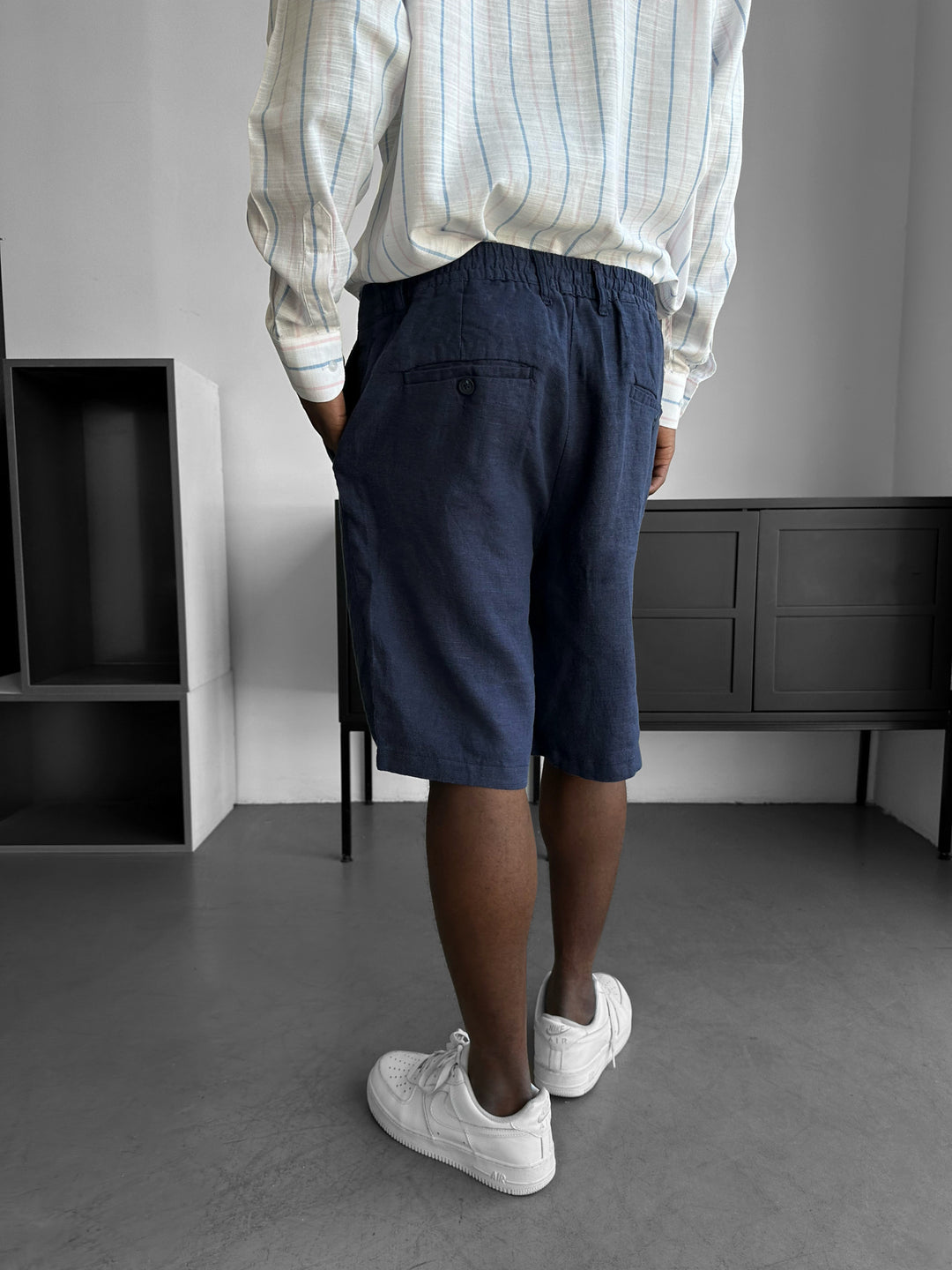 Loose Fit Linen Shorts - Navy Blue