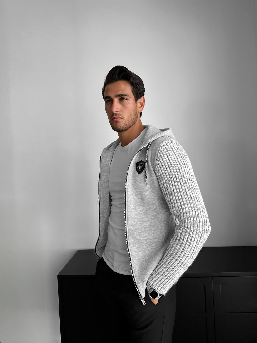 Regular Fit Knit Detail Zip Hoodie - Grey