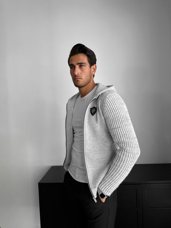 Regular Fit Knit Detail Zip Hoodie - Grey