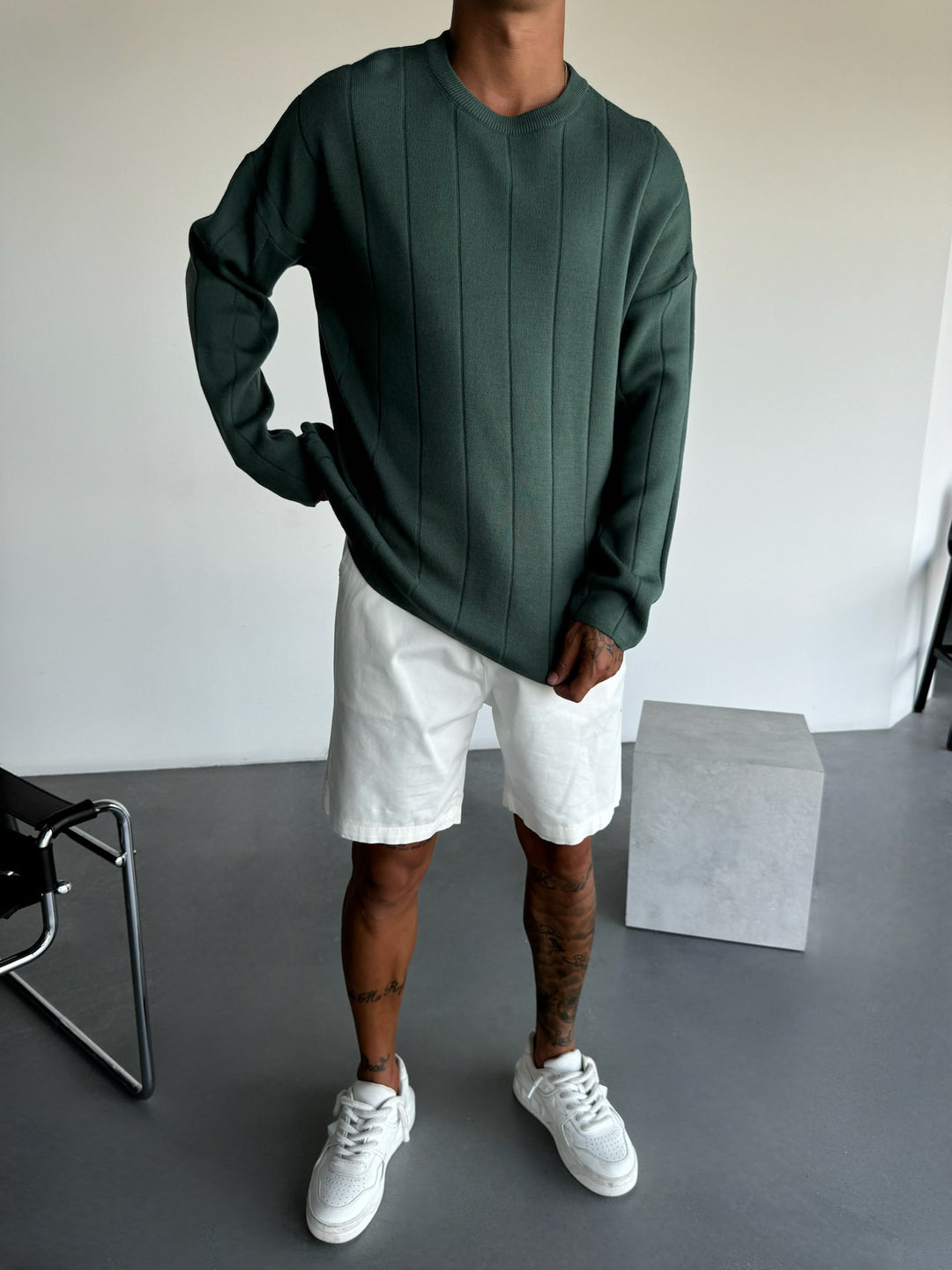 Oversize Lines Knit Sweatshirt - Petrol