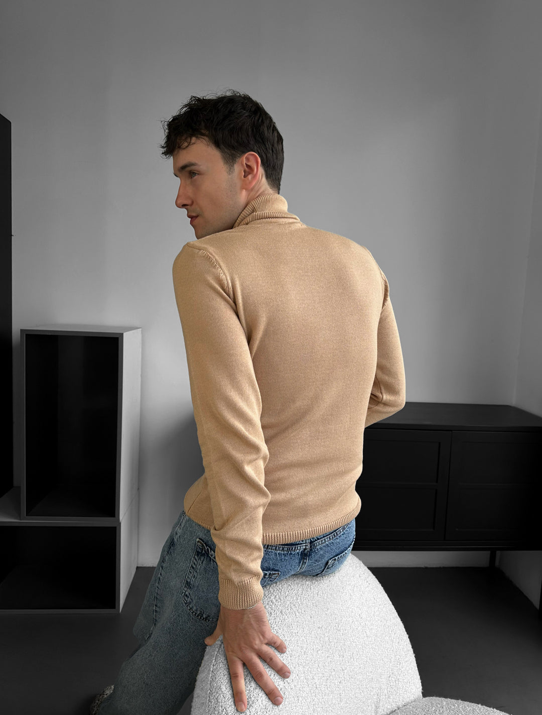 Slim Fit Long Neck Pullover - Beige