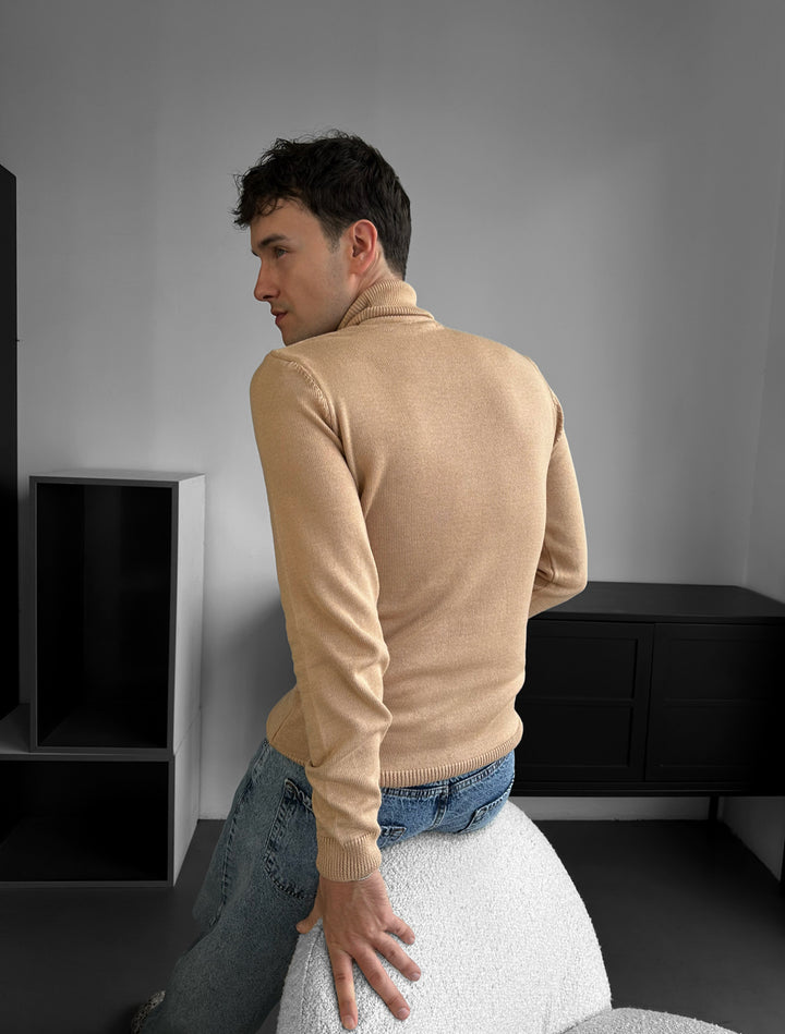 Slim Fit Long Neck Pullover - Beige