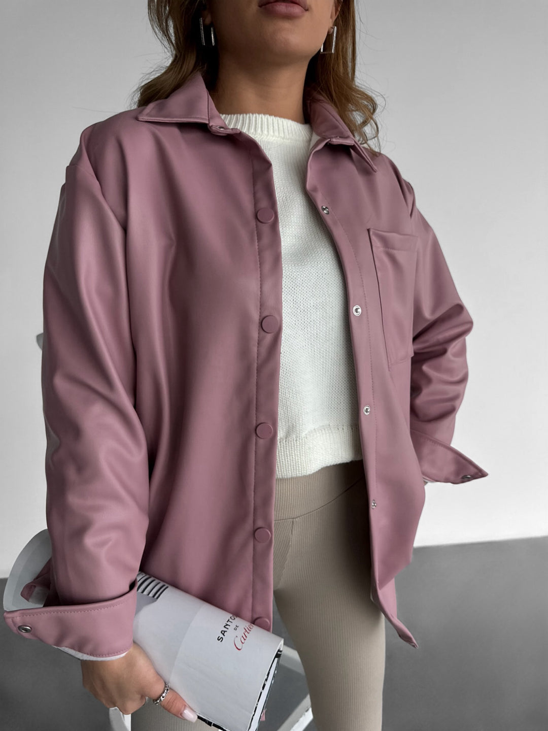 Oversize One Pocket Leather Optik Shirt - Sea Pink
