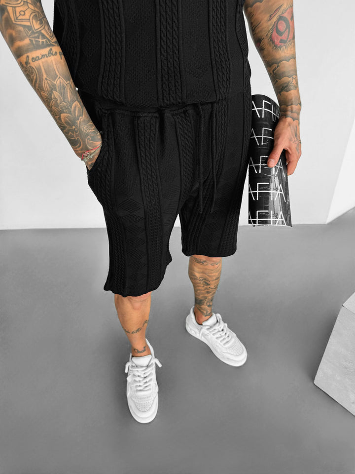 Loose Fit Structure Knit Shorts - Black