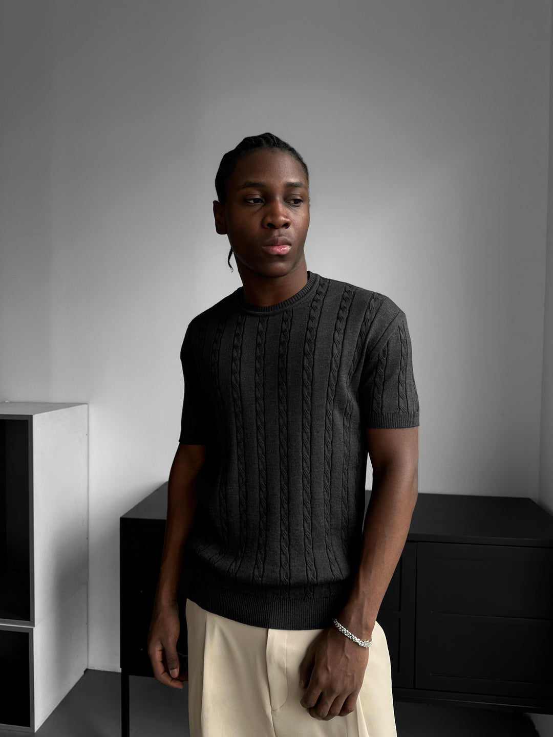 Loose Fit Braid Knit T-Shirt - Anthracite
