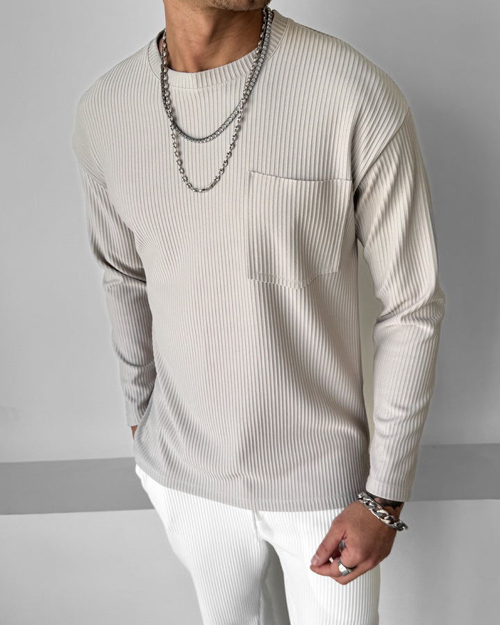 Loose Fit Striped Pocket Sweatshirt - Grey