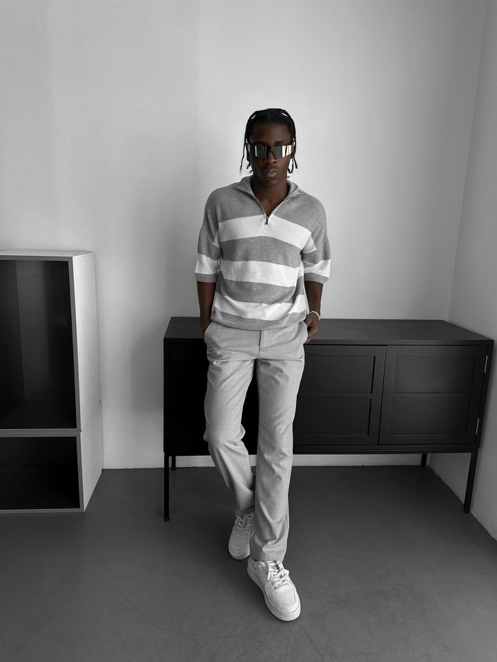 Regular Striped Knit T-shirt - Grey