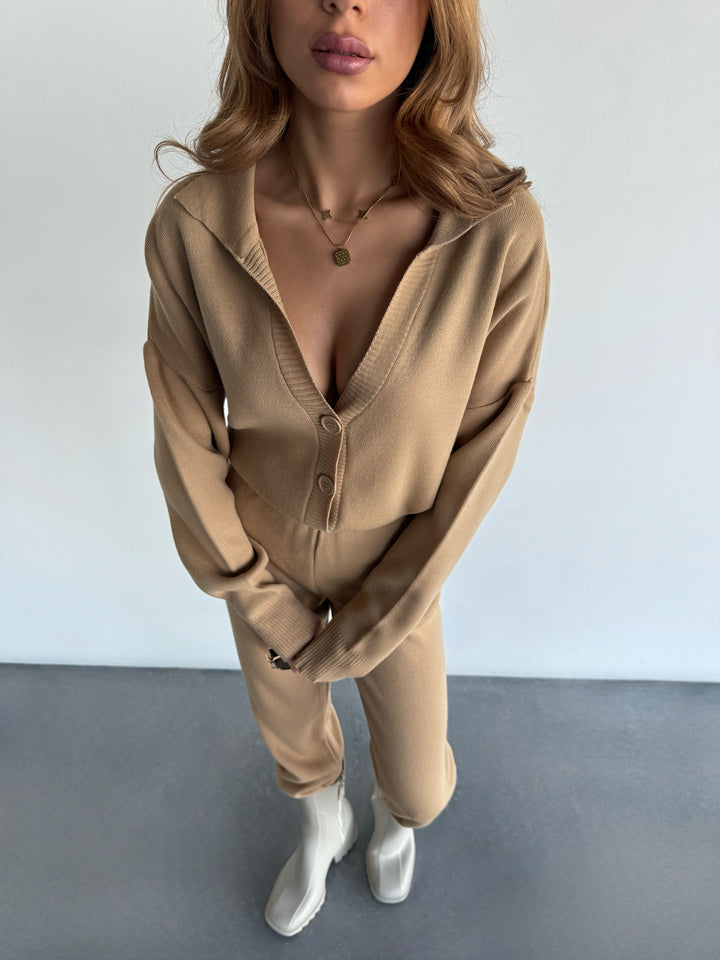 Long Arm Knit Jumpsuit - Camel