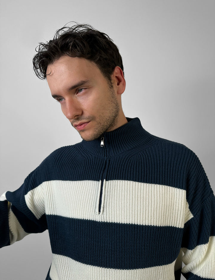 Oversize Zipper Long Pullover - Navy Blue