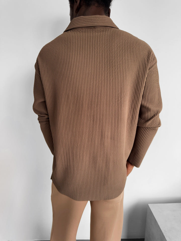 Oversize Ribbed Long Arm Polo T-shirt - Brown