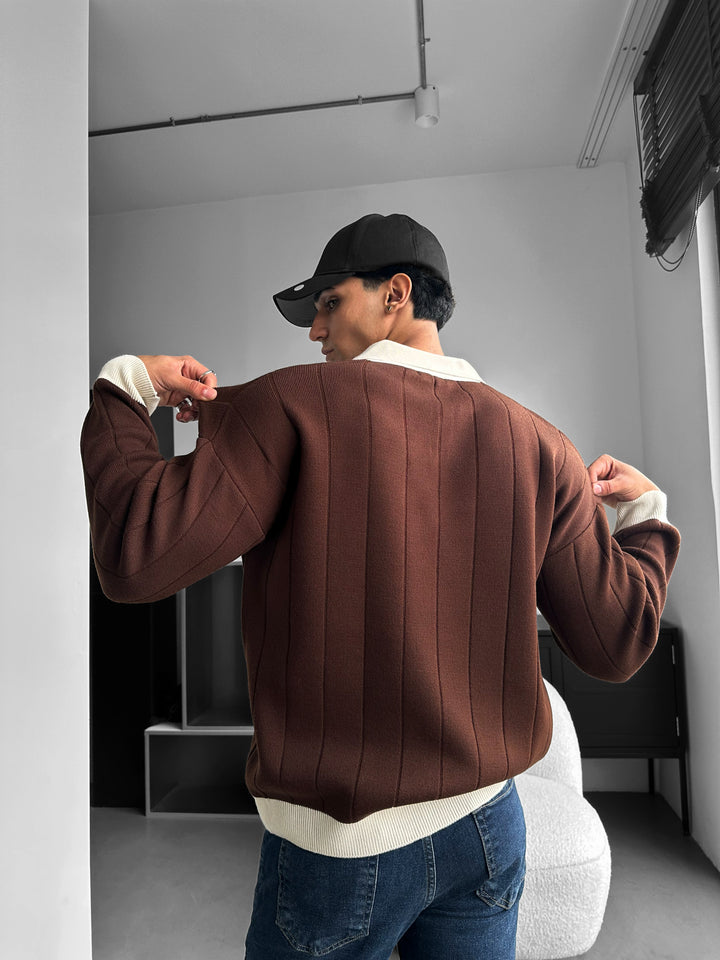Oversized Embroidered Polo Sweater - Brown