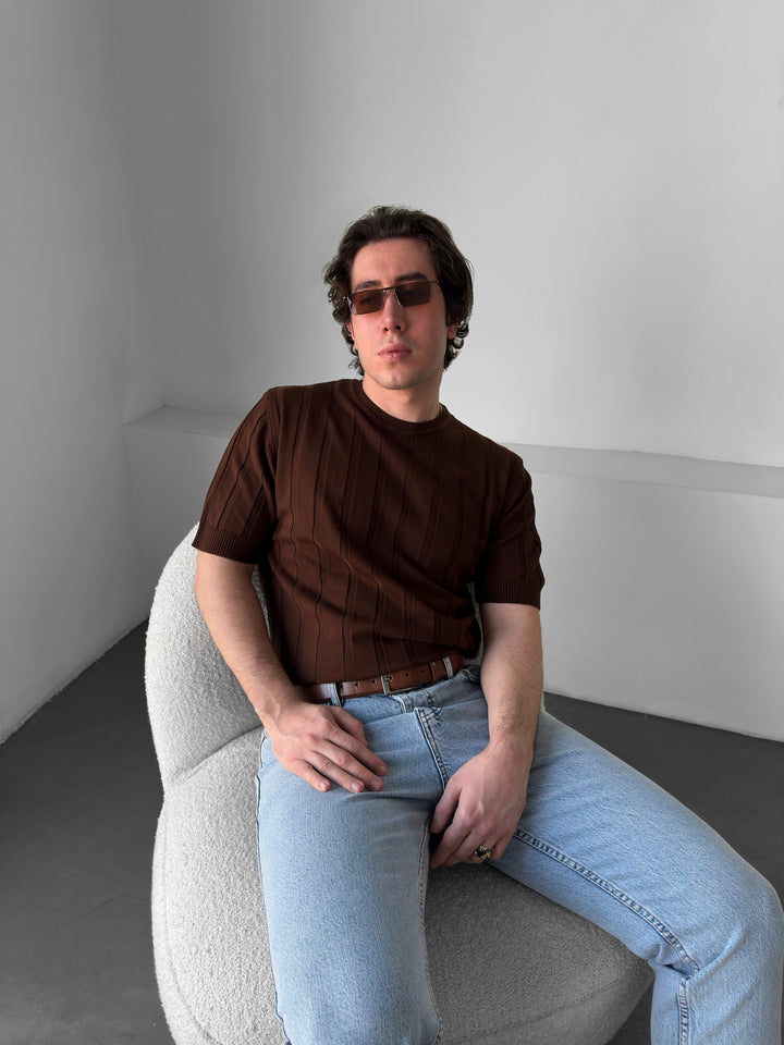 Regular Fit Knit Lines T-shirt - Dark Brown