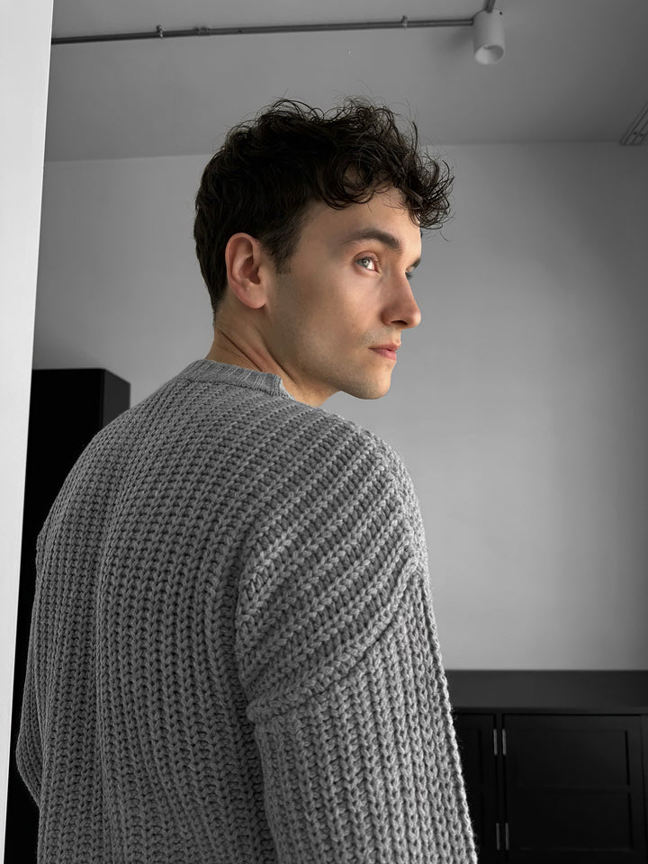 Slim Fit Braid Knit Sweater - Grey