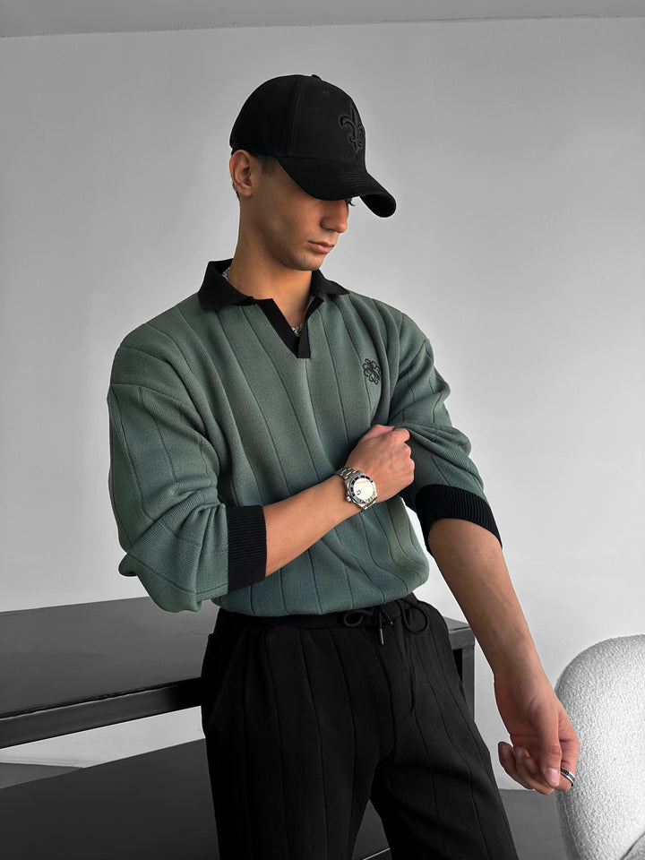 Oversized Embroidered Polo Sweater - Petrol