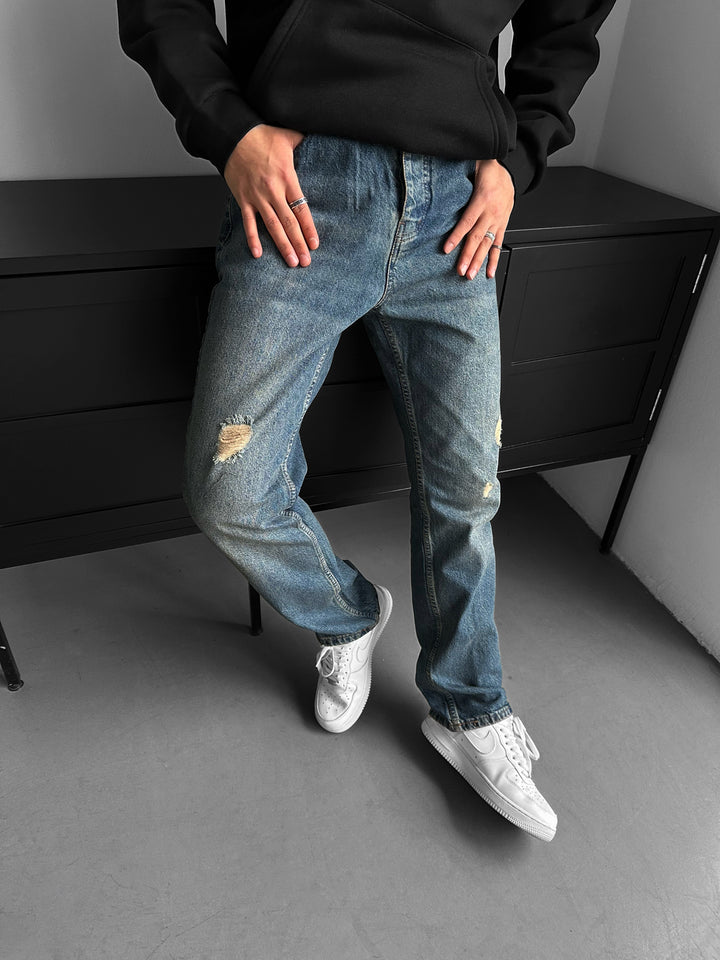 Baggy Torn Washed Jeans - Dark Blue